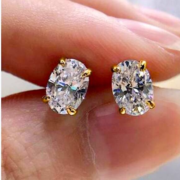 Gold Oval Cubic Zircon Stud Earrings, Wedding, Bridal, Anniversary - Picture 2 of 3